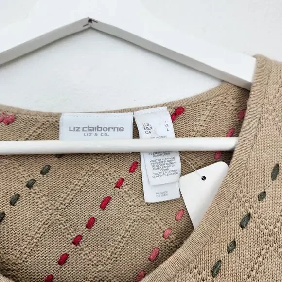 Vintage Y2K Liz Claiborne Tan Cotton Knit Running Stitch Sleeveless Tank Top M L - Picture 8 of 9